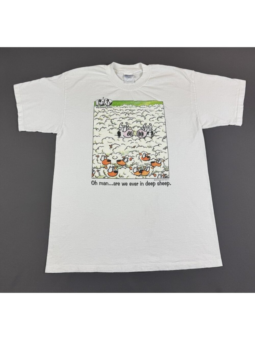 Rare Vintage 90s Herd Laughter Deep Sheep Cow Animal Fun Joke Art Tee